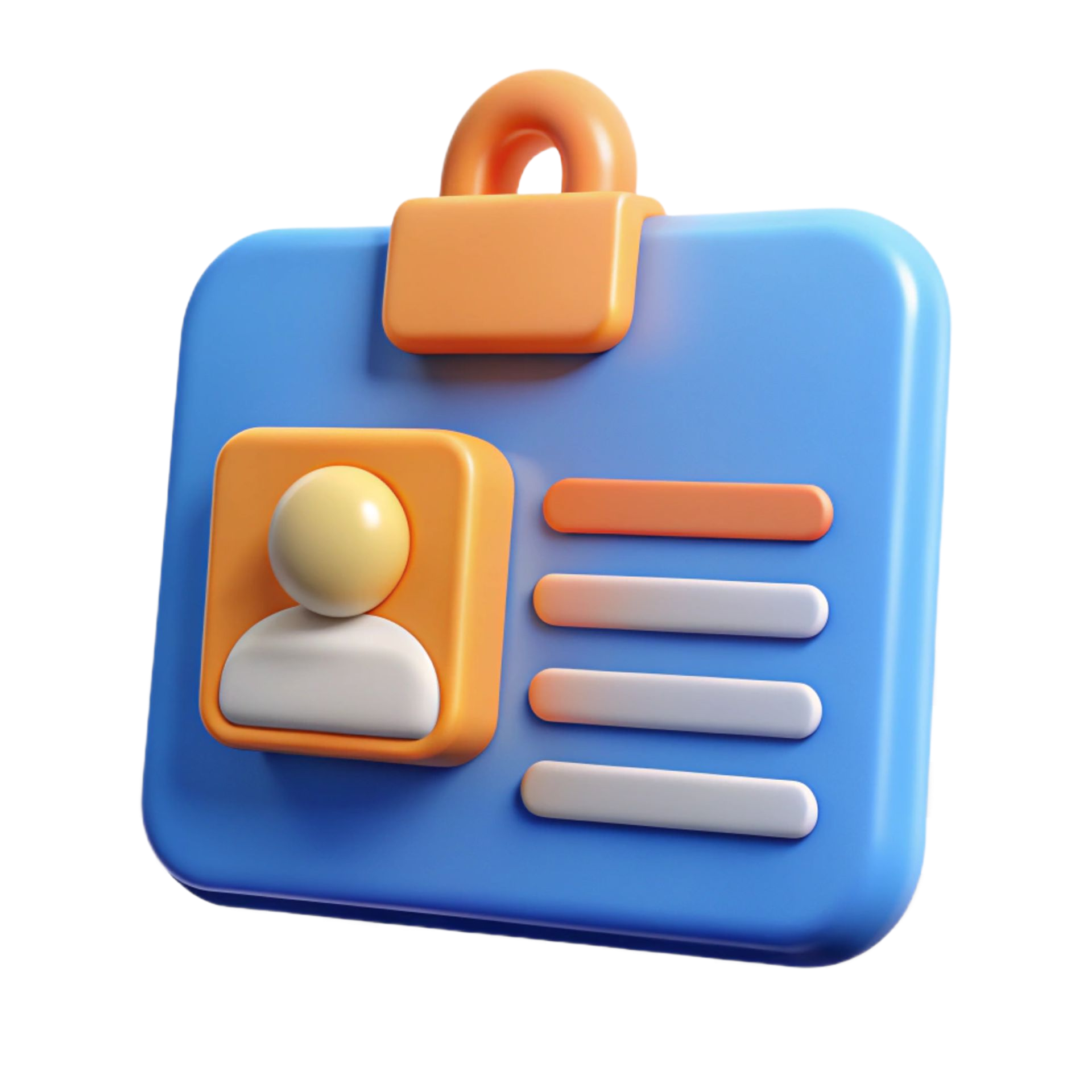 Blue and orange 3D ID badge with a person icon.
