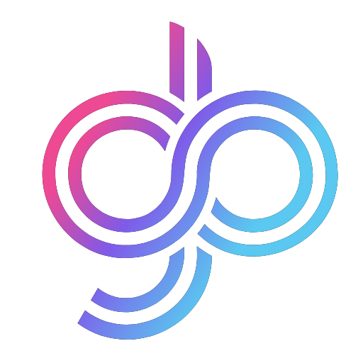 Abstract logo with interwoven infinity symbol, gradient pink to blue.