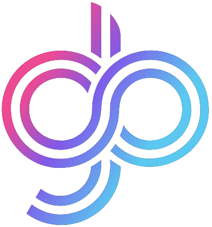 Abstract logo with interlocking loops and lines in a gradient of pink, purple, and blue.
