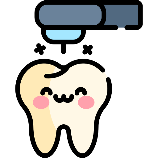 A cartoon of a tooth being 3D printed with a smiling face and pink cheeks.