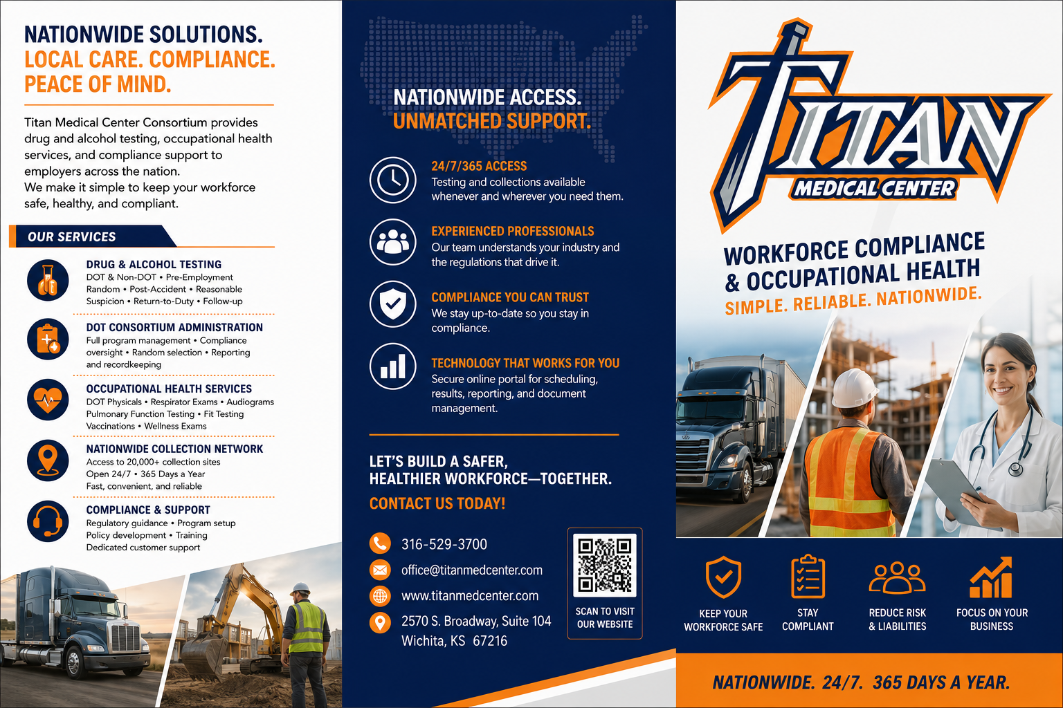 Titan Fitness lift testing flyer with training illustrations, blue-orange branding, and multiple info panels.