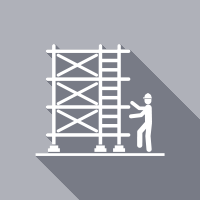 White construction worker icon beside scaffold on a gray background with diagonal shadow