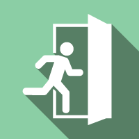White emergency exit icon on green background with long shadow
