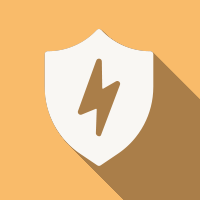 White shield with gold lightning bolt on orange background, long shadow icon