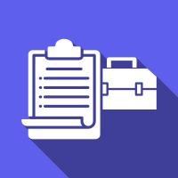 White clipboard and briefcase icons on a purple square background