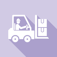 White forklift icon carrying boxes on a lavender background with a long shadow