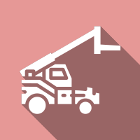 White utility truck with raised boom on pink background, inside a dark mauve diamond shape