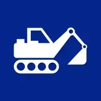 White excavator icon on a blue background