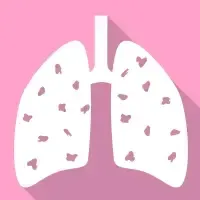 Stylized white lungs on a pink background with small pink spots