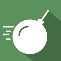 White bomb icon on a green background with motion lines and a long shadow