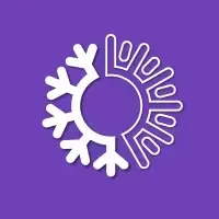 White abstract snowflake/sun icon on a purple background