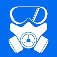 White gas mask icon with blue goggles and filter on a blue background