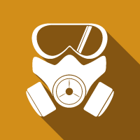 White gas mask icon with goggles on an orange background, casting a long shadow