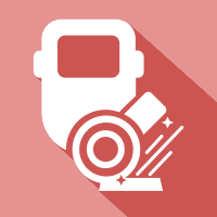 White circular saw icon on a pink background with a long diagonal shadow