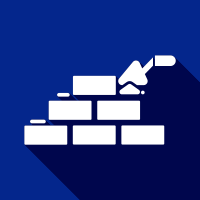 White brick wall being painted with a roller on a blue background