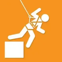 White climber hanging from a rope over a white block on an orange background