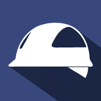 White hard hat icon on a dark blue background with a diagonal shadow