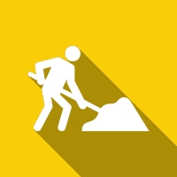 Person using a shovel, white icon on yellow background with diagonal shadow