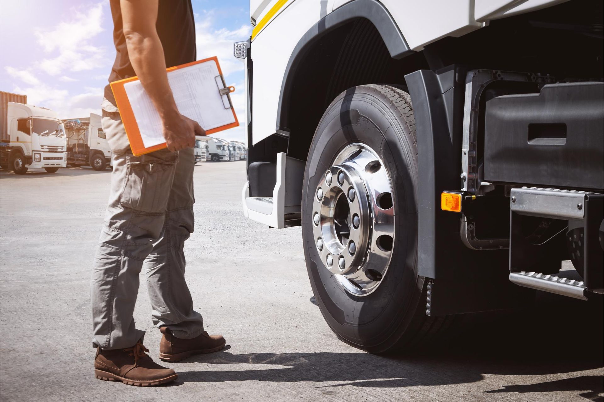 Worker holding clipboard beside a white truck, inspecting the front wheel in a parking lot