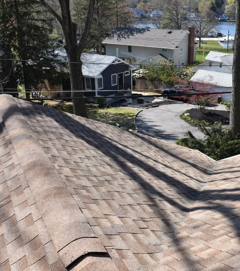 View from a shingled roof overlooking a suburban street, trees, and neighboring houses on a sunny day