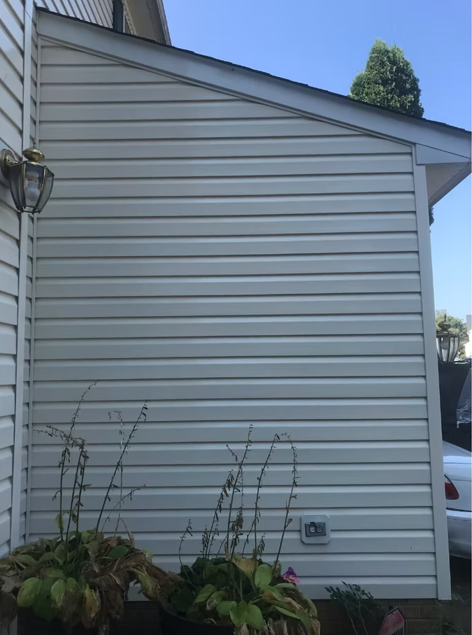 White-sided house exterior with a sloped roof and potted plants along the base.