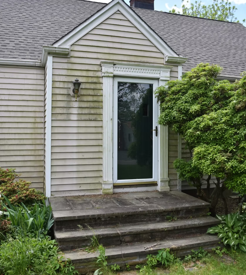 Front entrance with white door, three concrete steps, and beige siding beside green shrubs