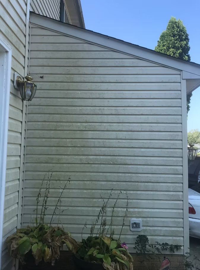 Side of a beige house with horizontal siding, potted plants at the base, and a parked car partly visible on the right.