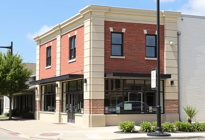 Two-story red-brick corner storefront with large windows and black awnings on a sunny street