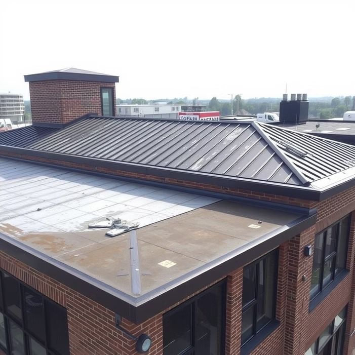 Brick building rooftop with dark metal roof and flat roof section under overcast sky