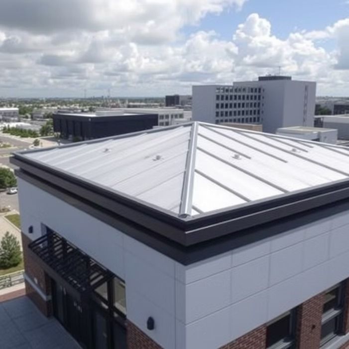 Rooftop view of a modern gray building with a white metal roof under a cloudy sky