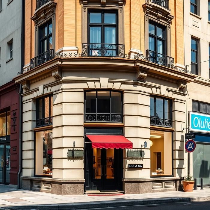 Corner storefront with red awning on a cream-colored building in a city street