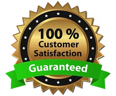 Gold and black “100% Customer Satisfaction Guaranteed” seal with green ribbon