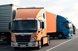 Line of colorful semi trucks parked on a road, led by an orange truck in the foreground