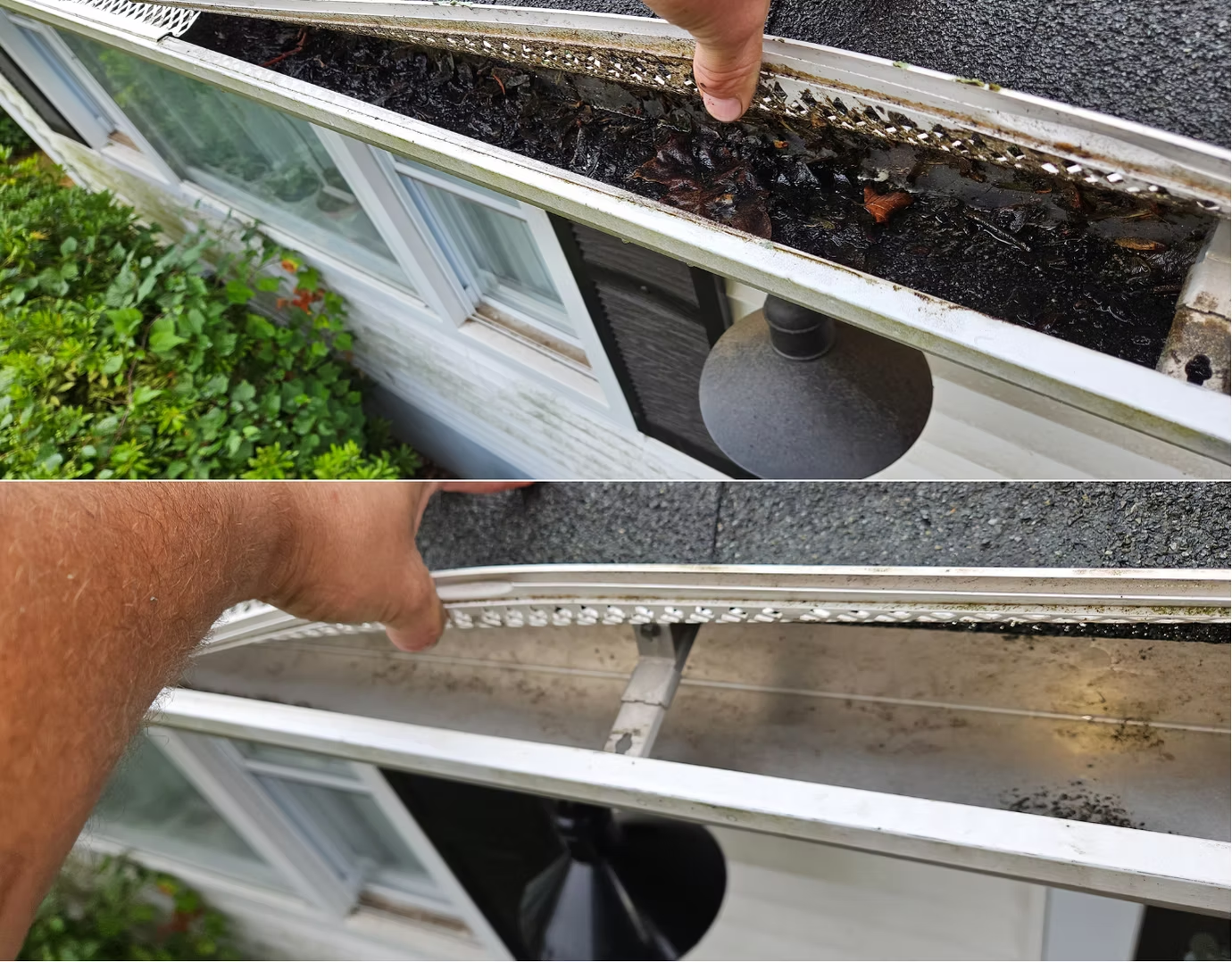 Hand pointing to a gutter being cleaned on a house roof, with debris and greenery below.