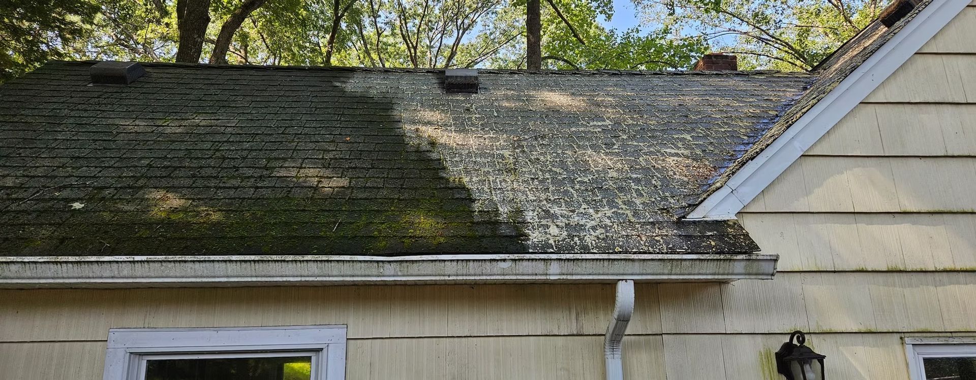 Mossy roof on a light-colored house with white trim and trees in the background