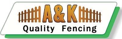 Logo for A & K Quality Fencing with the letters A & K and fence graphics, in a rectangular shape with green and white border.