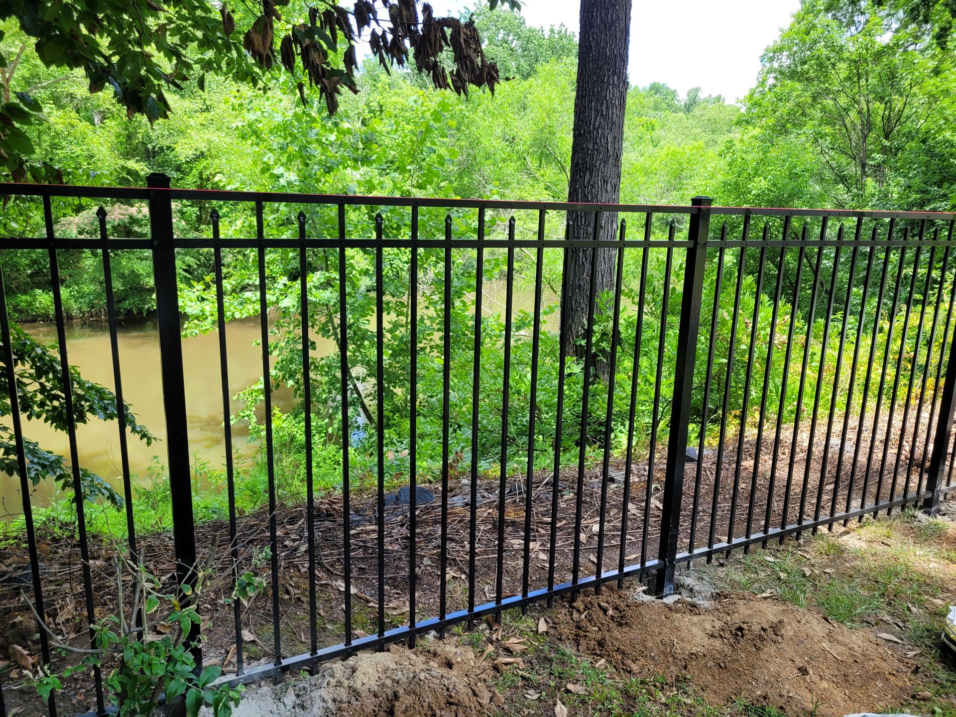 Black metal fence with view of green trees and brown water.