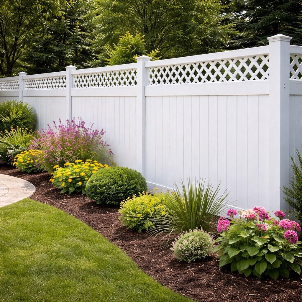 White picket fence with decorative top, built on a retaining wall, with red roses in the foreground.