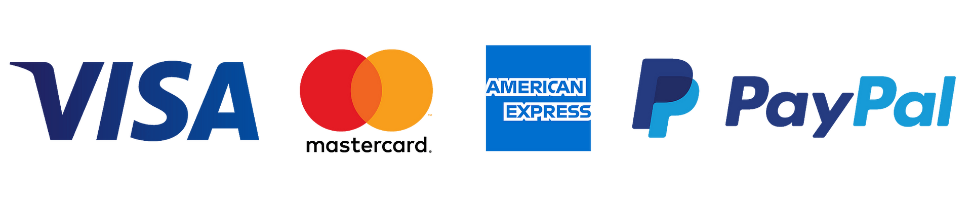 Logos for Visa, Mastercard, American Express, and PayPal.