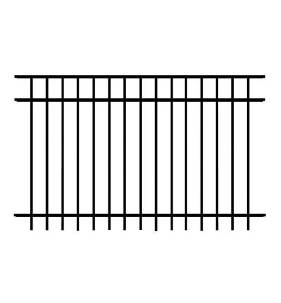 Black metal fence with vertical bars between horizontal rails.