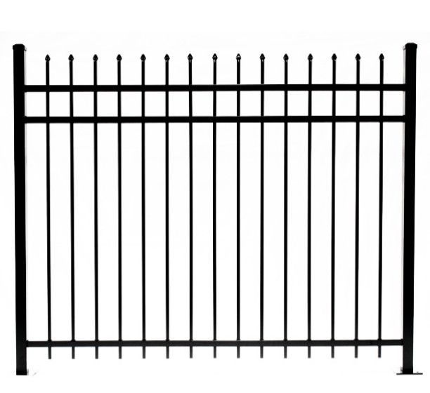 Black metal fence with vertical bars and decorative finials.
