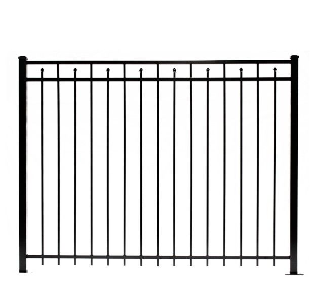 Black metal fence against a white background.