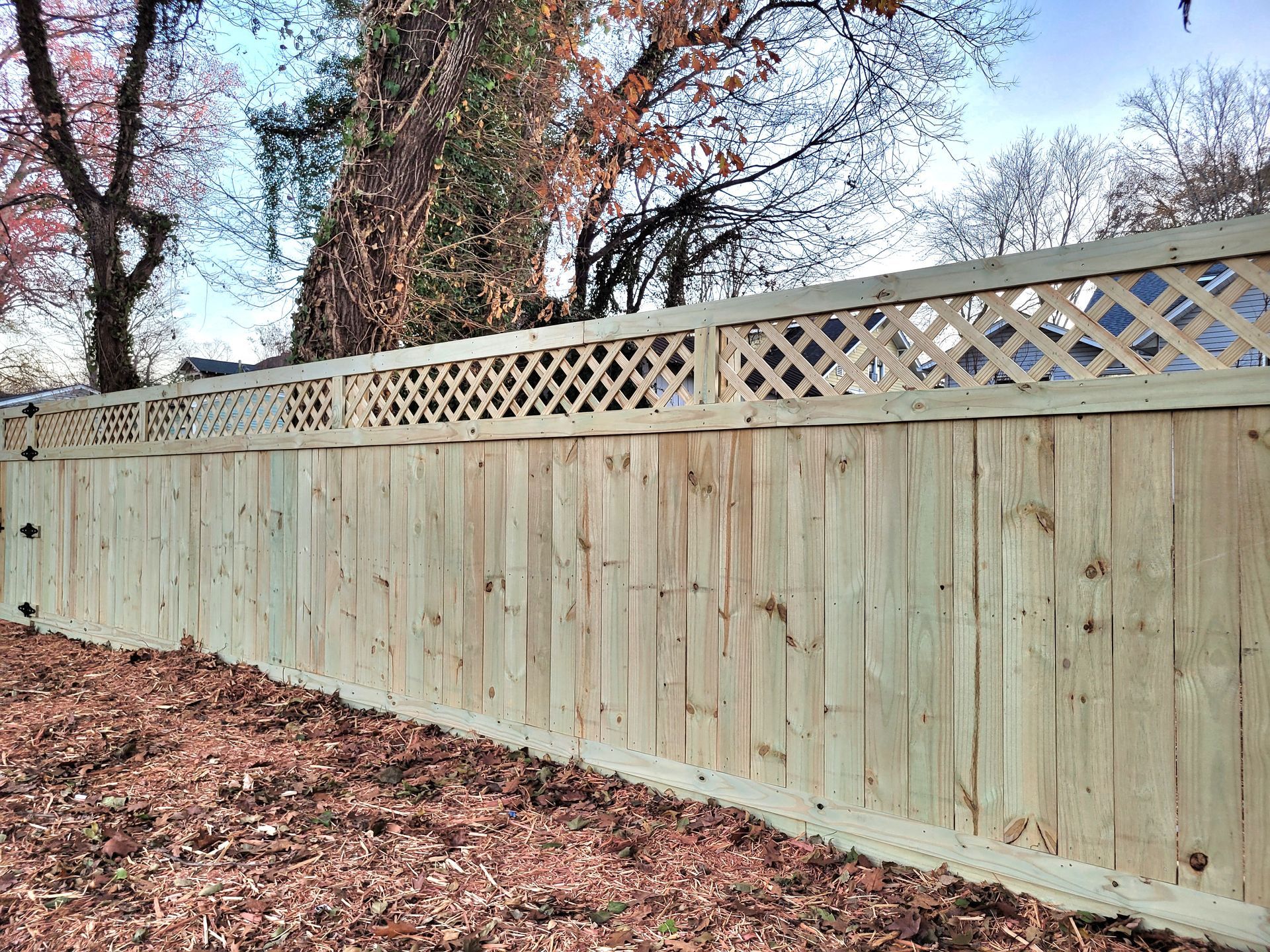 Wooden fence with lattice top in a yard with fallen leaves.