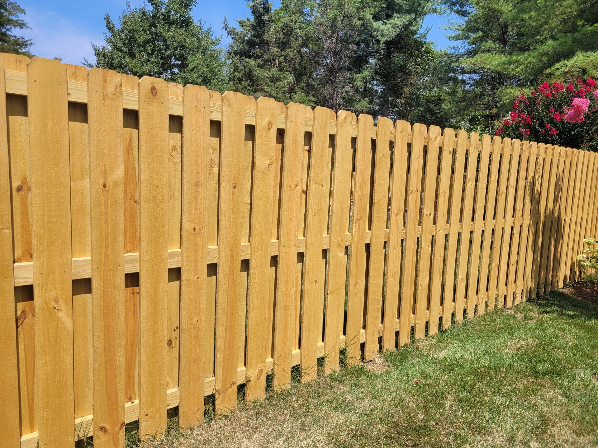 Wooden fence in a yard with green grass and trees in the background.