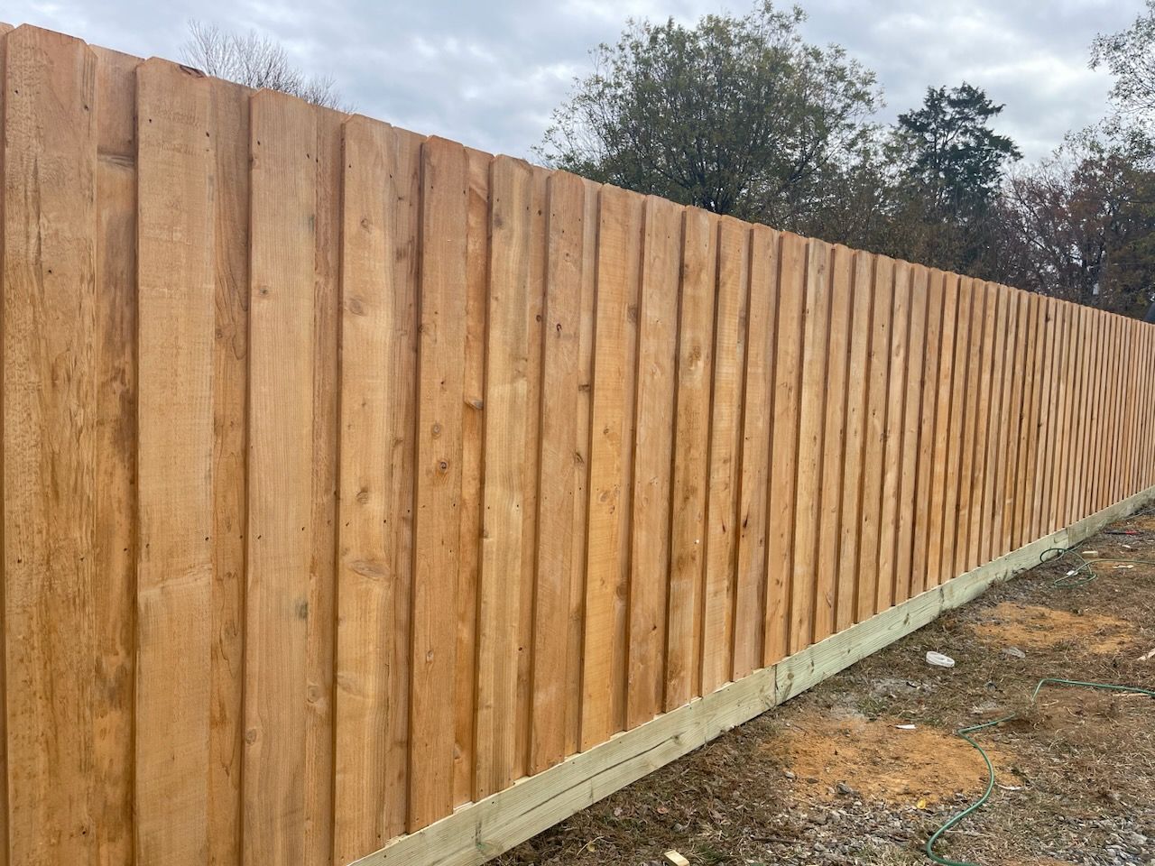 Wooden fence extending into the distance, with a clear sky and trees in the background.