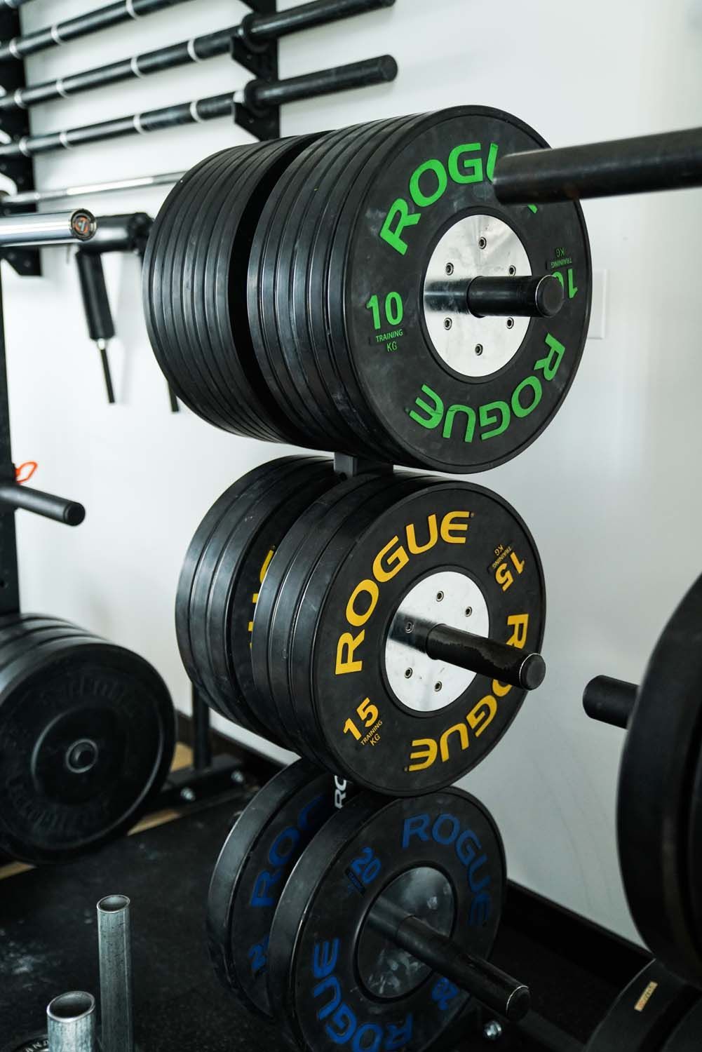 A rack of rogue weight plates in a gym