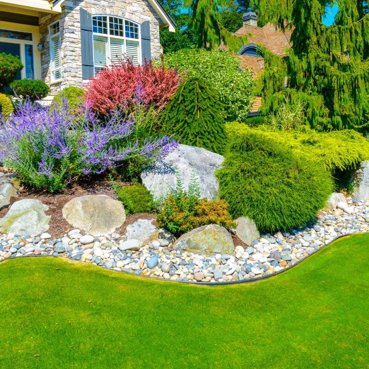 A house with a lush green lawn and a rock garden in front of it.