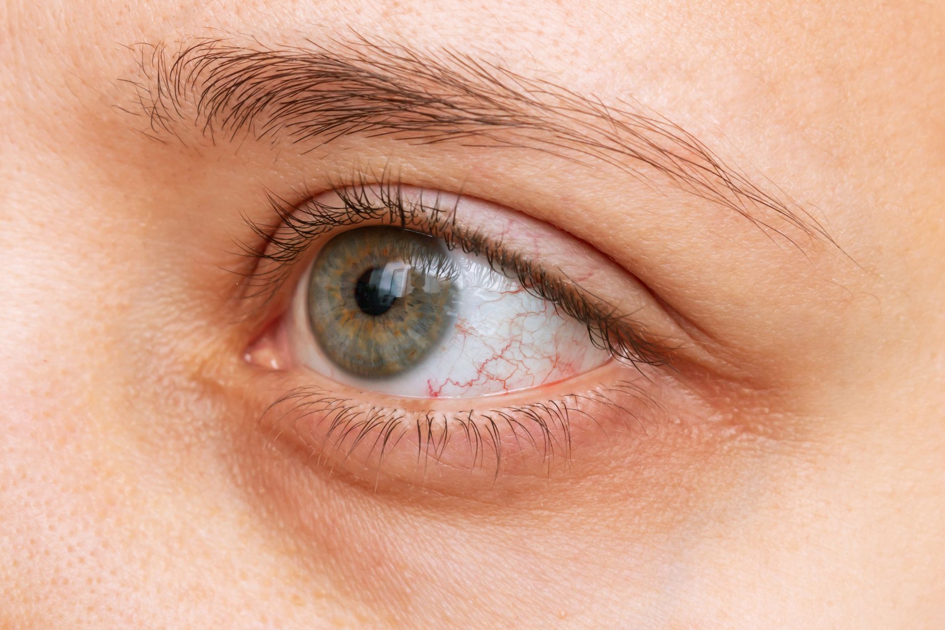 Close-up of a hazel eye and eyebrow on a light-skinned face