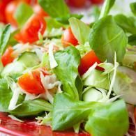 Fresh green salad with lettuce and tomato pieces on a plate
