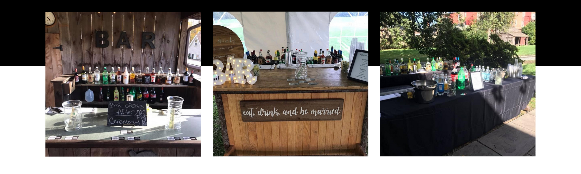 Three-panel collage of a bar event with a wooden counter, drinks, and people gathered outdoors under a canopy